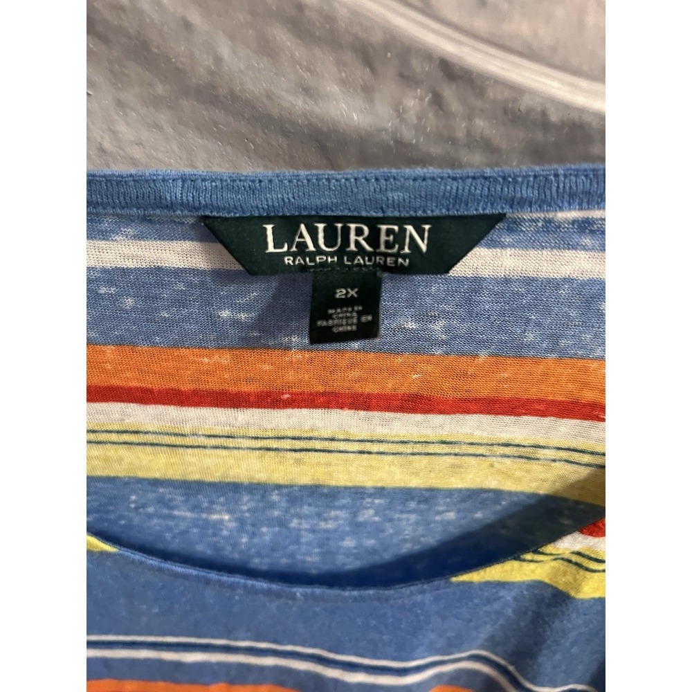Lauren Ralph Lauren Womens Blu Striped Shirt Size 2X Short Sleeve Linen - Picture 9 of 9